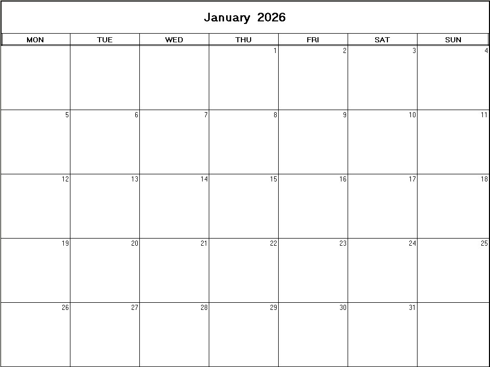 printable blank calendar image for January 2026