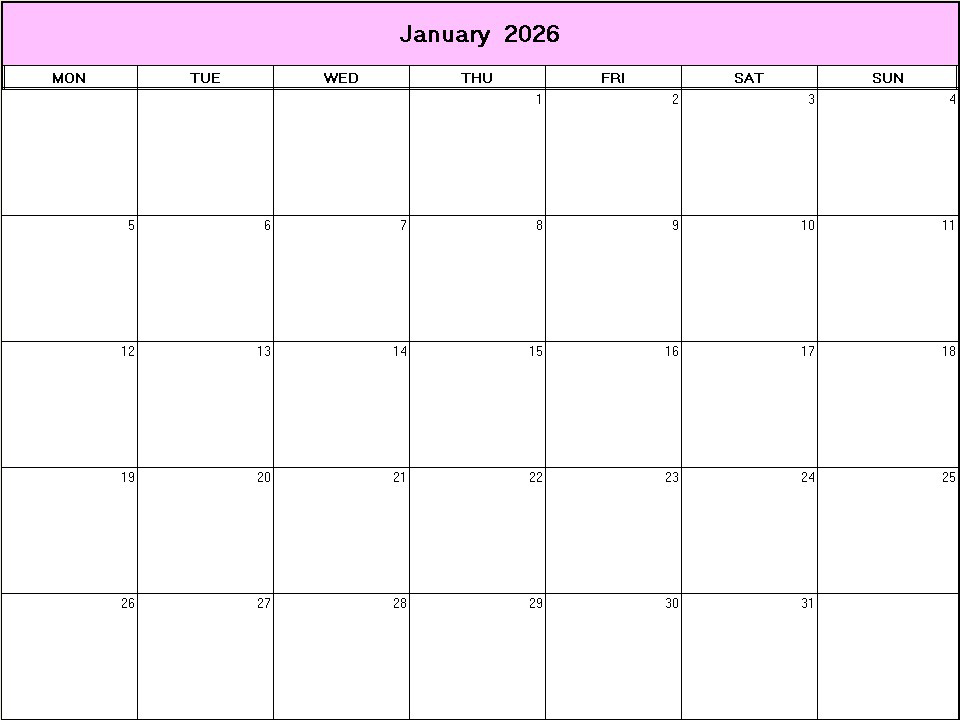 printable blank calendar image for January 2026