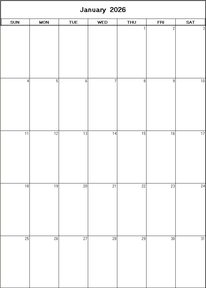 printable blank calendar image for January 2026