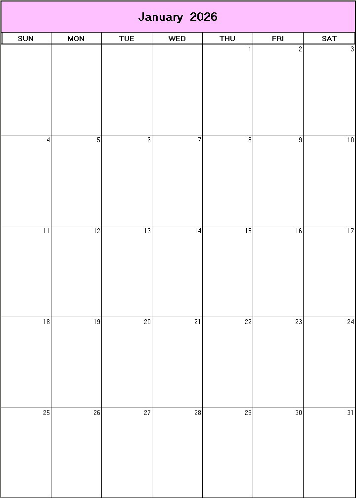 printable blank calendar image for January 2026