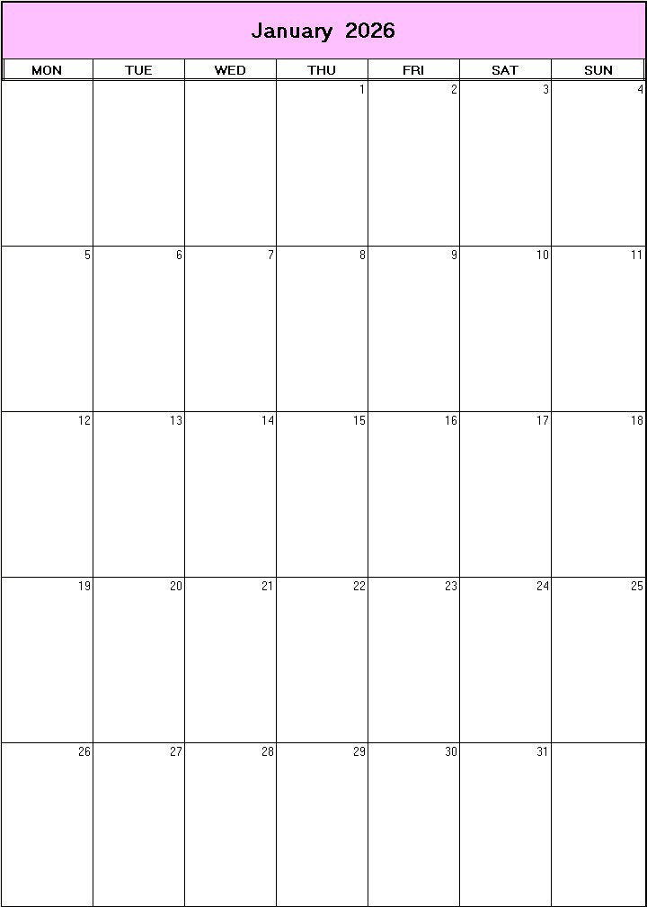 printable blank calendar image for January 2026
