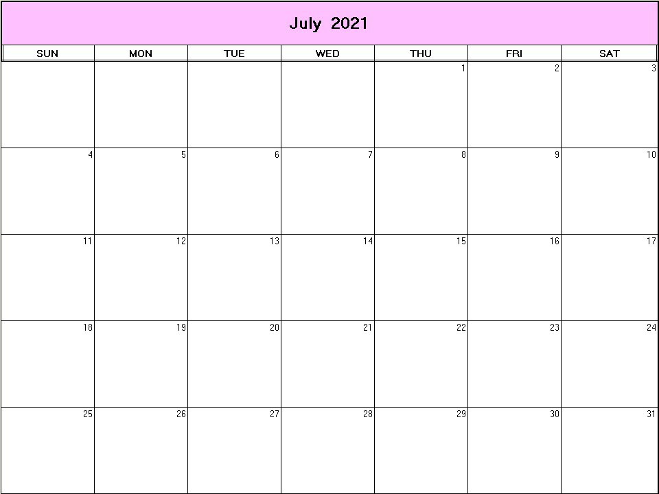 printable blank calendar image for July 2021