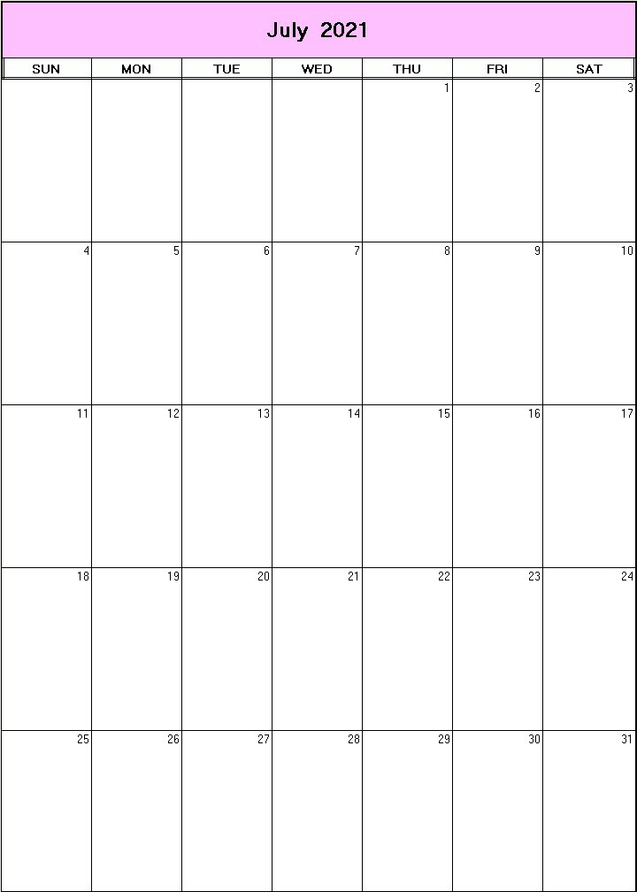 printable blank calendar image for July 2021