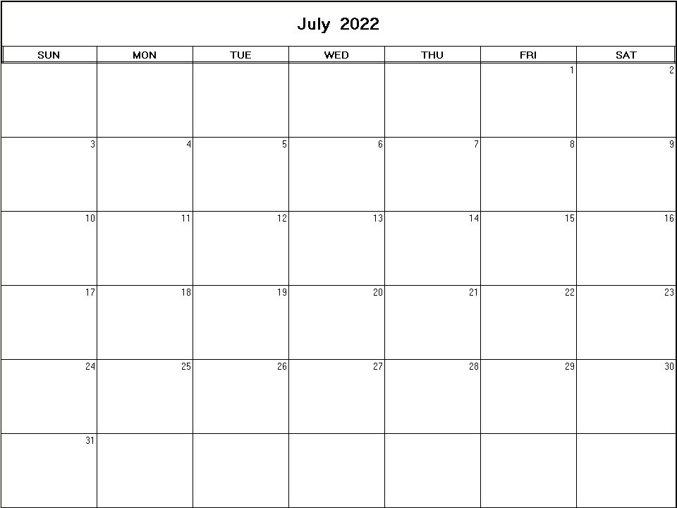 printable blank calendar image for July 2022