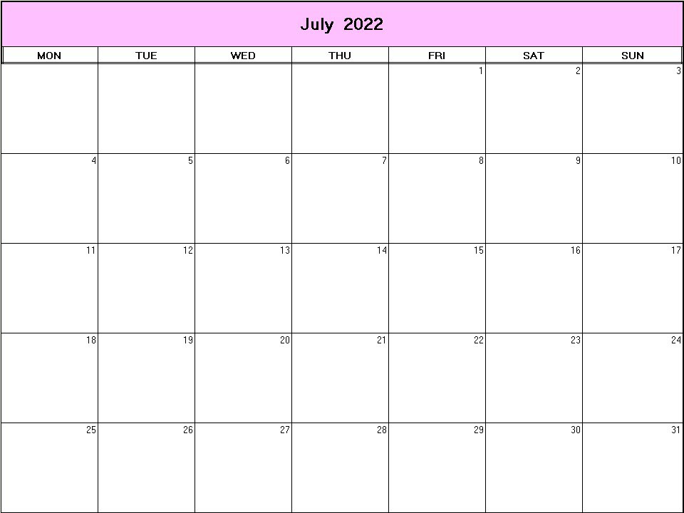 printable blank calendar image for July 2022