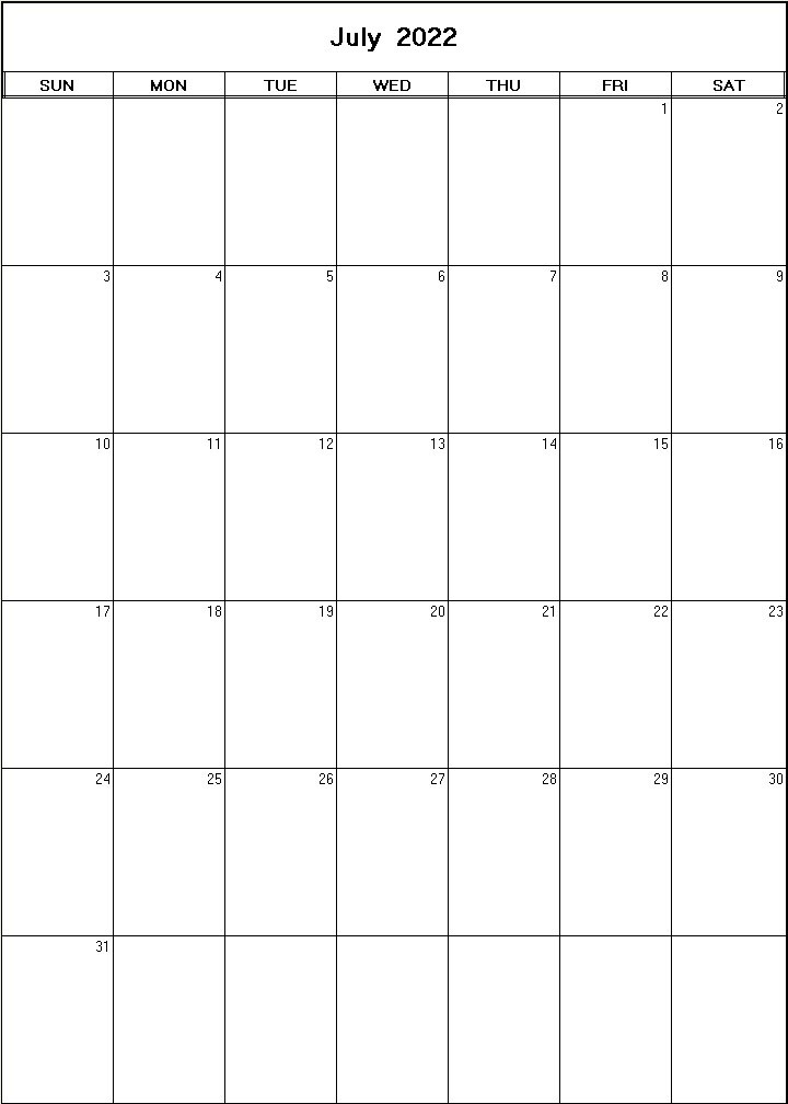 printable blank calendar image for July 2022