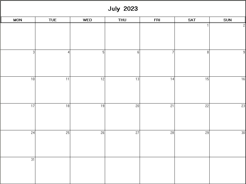 printable blank calendar image for July 2023