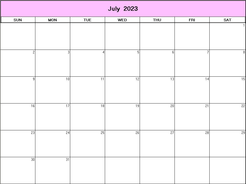 printable blank calendar image for July 2023