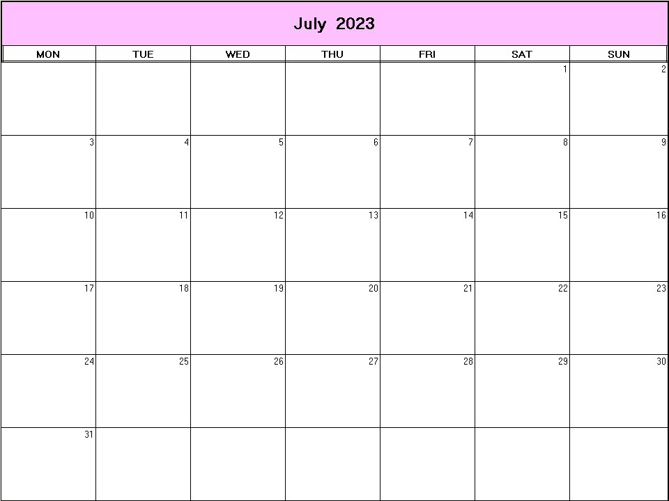 printable blank calendar image for July 2023