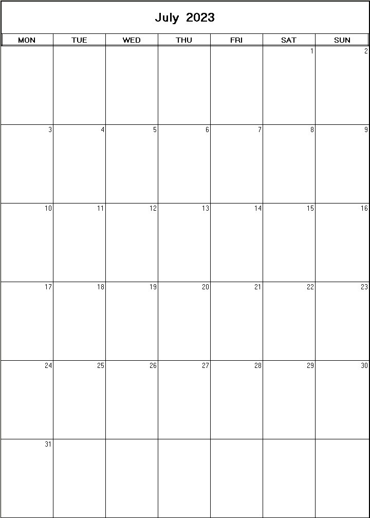 printable blank calendar image for July 2023