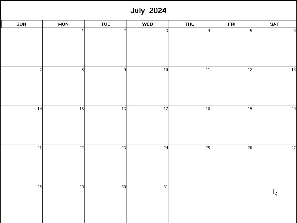 printable blank calendar image for July 2024