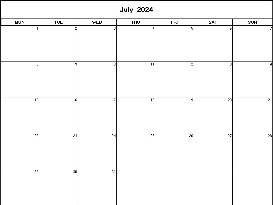 printable blank calendar image for July 2024