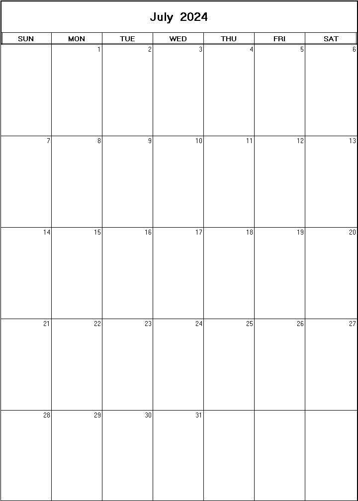 printable blank calendar image for July 2024