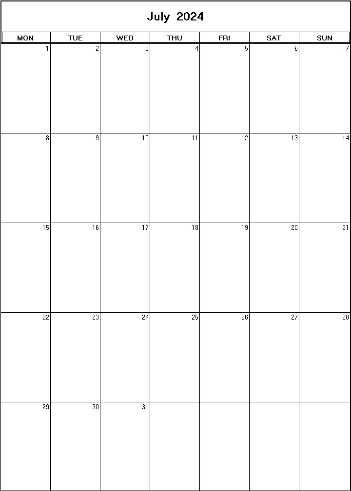 printable blank calendar image for July 2024