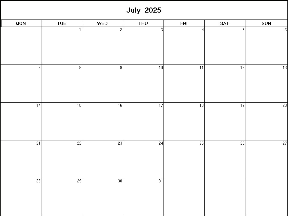 printable blank calendar image for July 2025