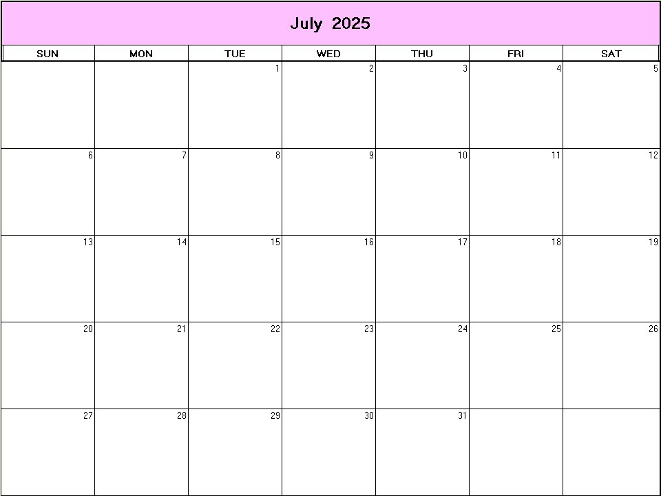 printable blank calendar image for July 2025