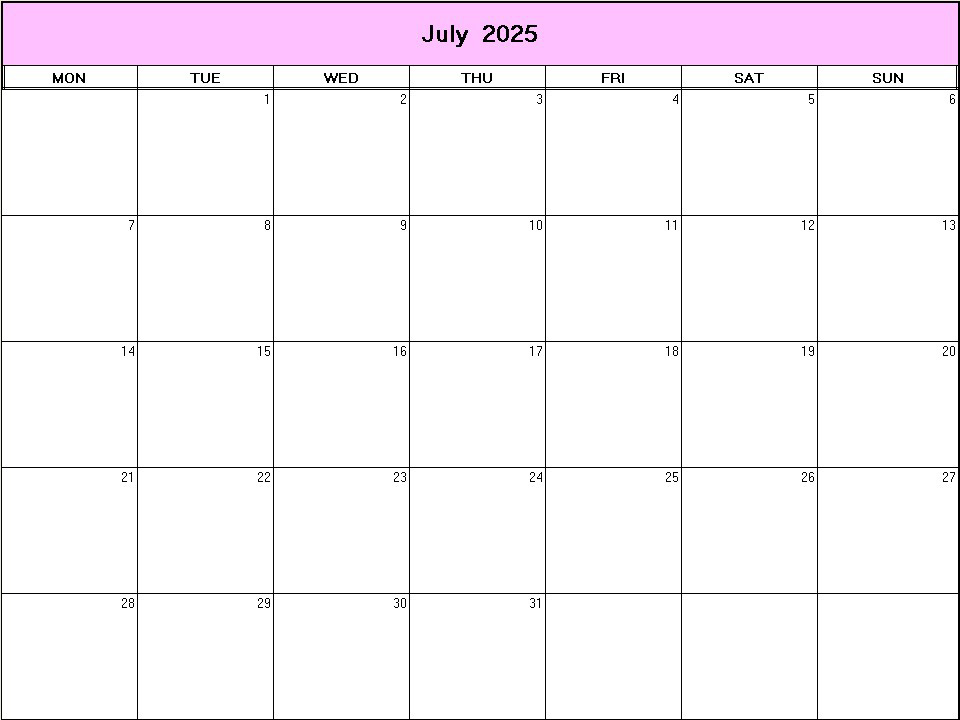 printable blank calendar image for July 2025