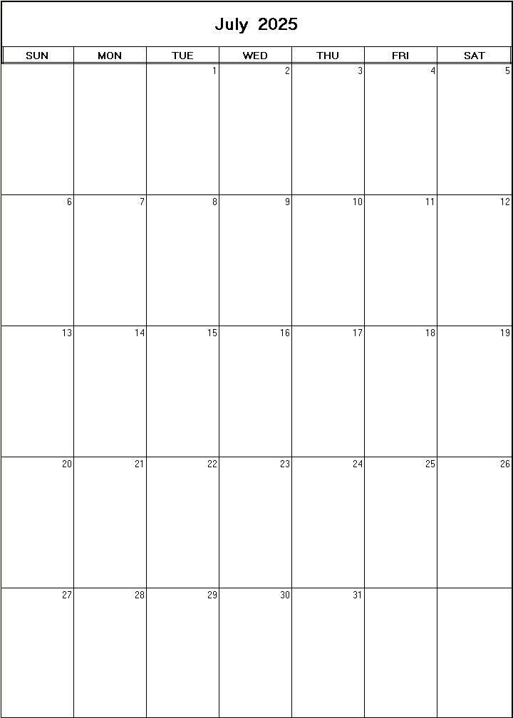 printable blank calendar image for July 2025