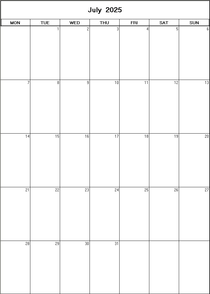 printable blank calendar image for July 2025