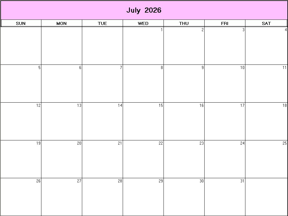 printable blank calendar image for July 2026
