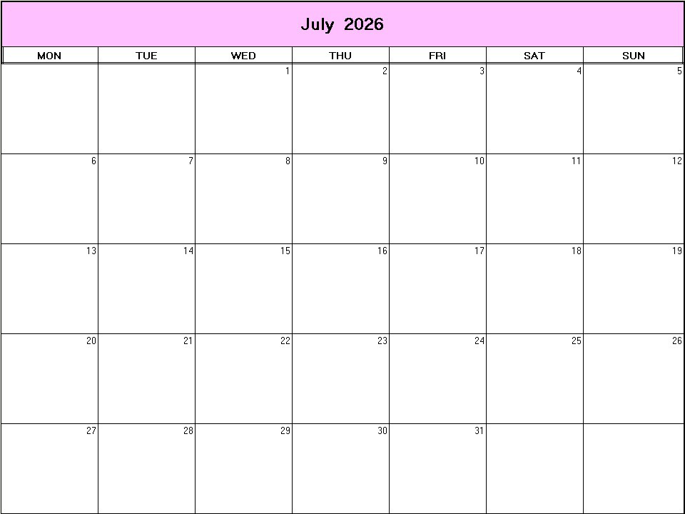 printable blank calendar image for July 2026