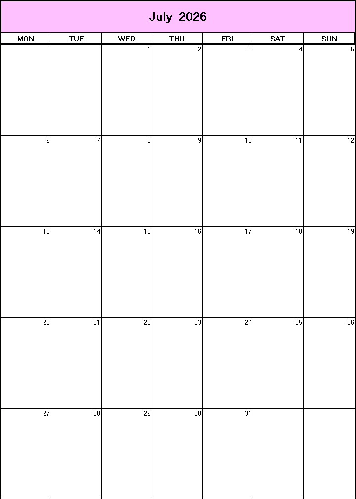 printable blank calendar image for July 2026