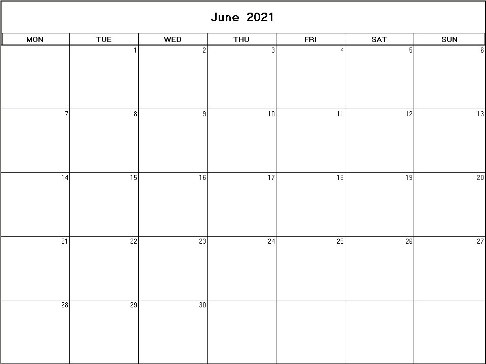 printable blank calendar image for June 2021