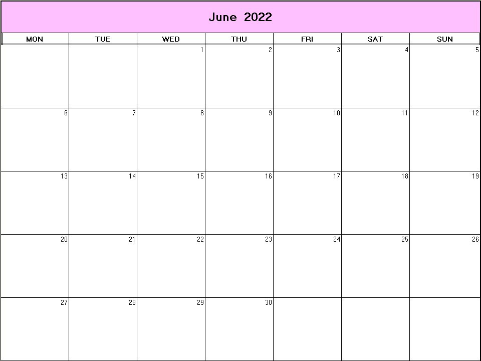 printable blank calendar image for June 2022