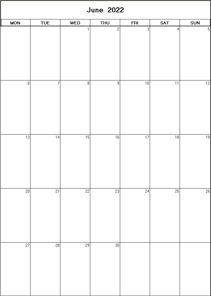 printable blank calendar image for June 2022