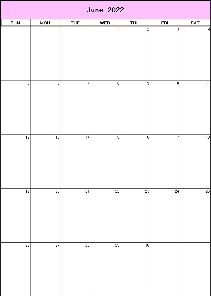 printable blank calendar image for June 2022