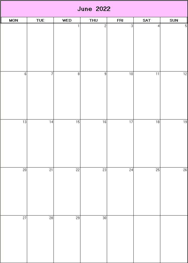 printable blank calendar image for June 2022