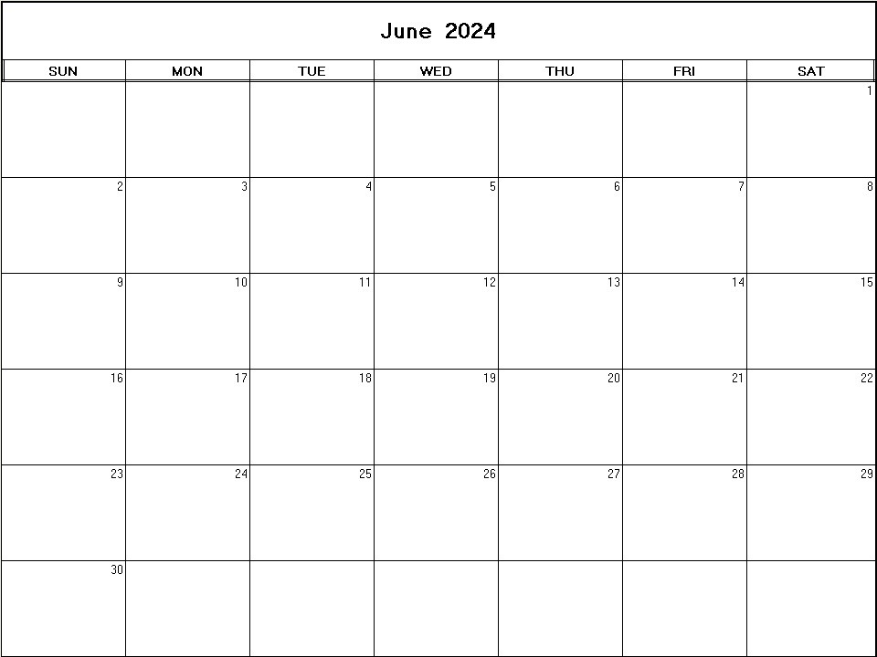 printable blank calendar image for June 2024