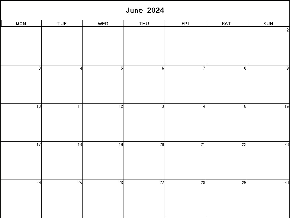 printable blank calendar image for June 2024