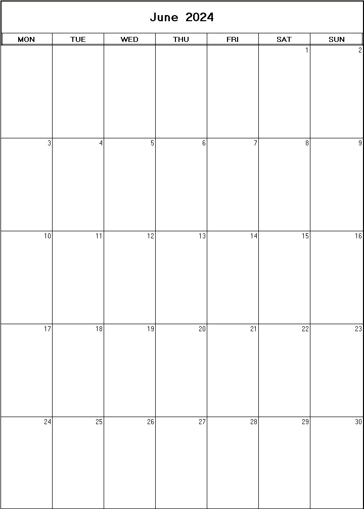 printable blank calendar image for June 2024