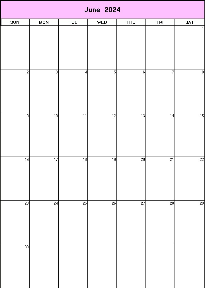 printable blank calendar image for June 2024