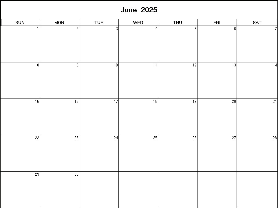 printable blank calendar image for June 2025