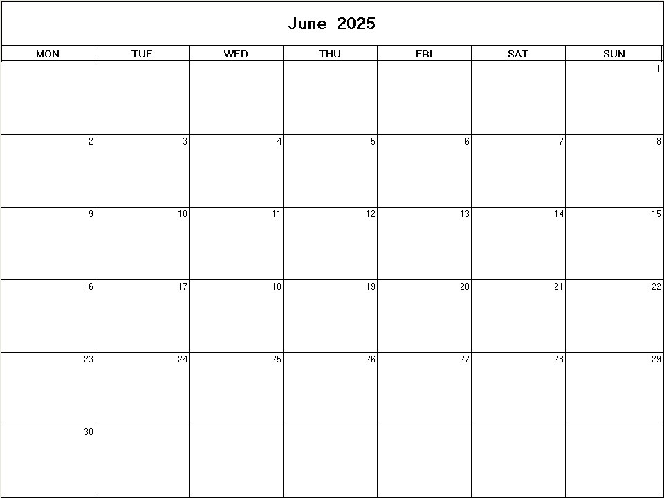 printable blank calendar image for June 2025