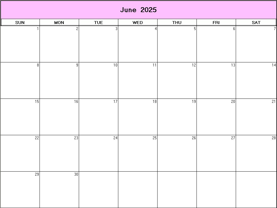 printable blank calendar image for June 2025