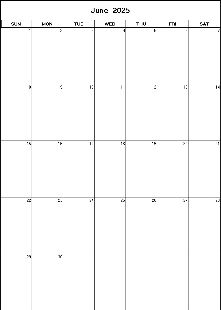 printable blank calendar image for June 2025