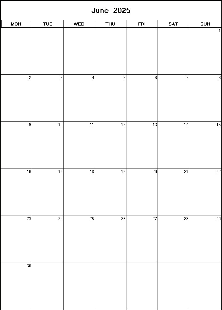 printable blank calendar image for June 2025