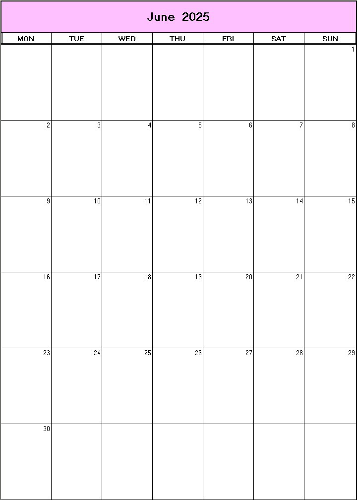 printable blank calendar image for June 2025