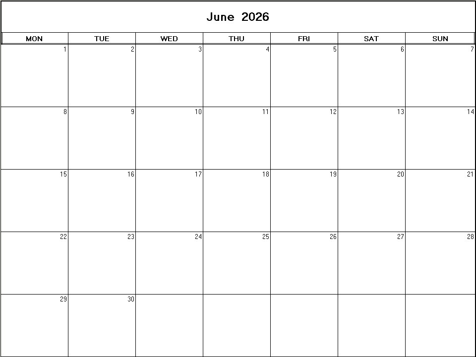 printable blank calendar image for June 2026