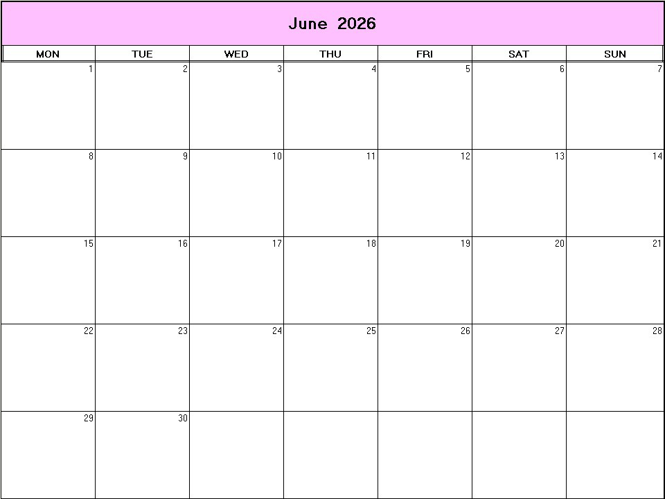 printable blank calendar image for June 2026