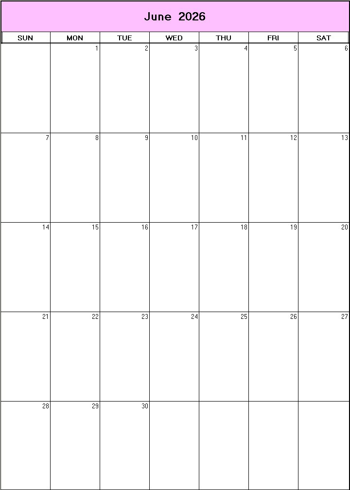 printable blank calendar image for June 2026