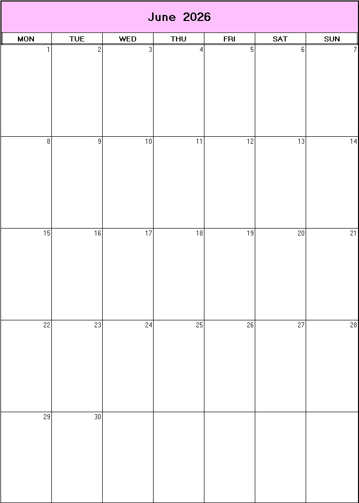 printable blank calendar image for June 2026
