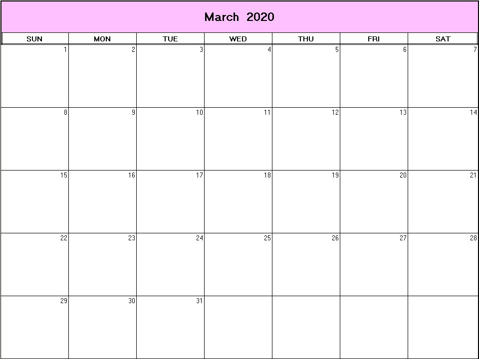 printable blank calendar image for March 2020