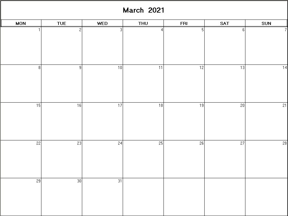 printable blank calendar image for March 2021