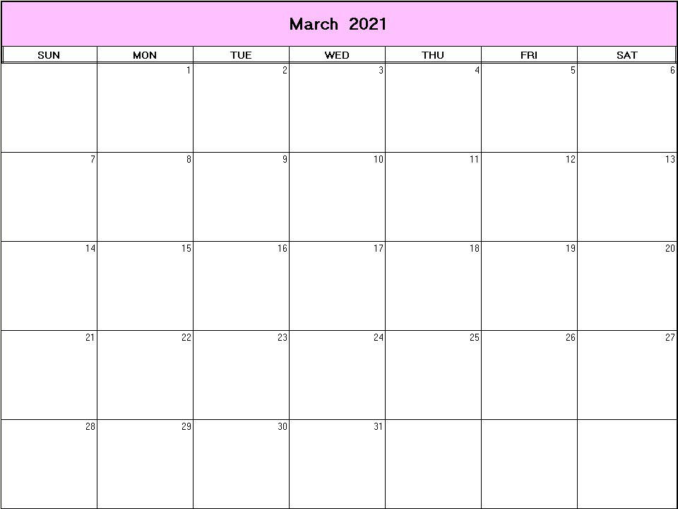 printable blank calendar image for March 2021