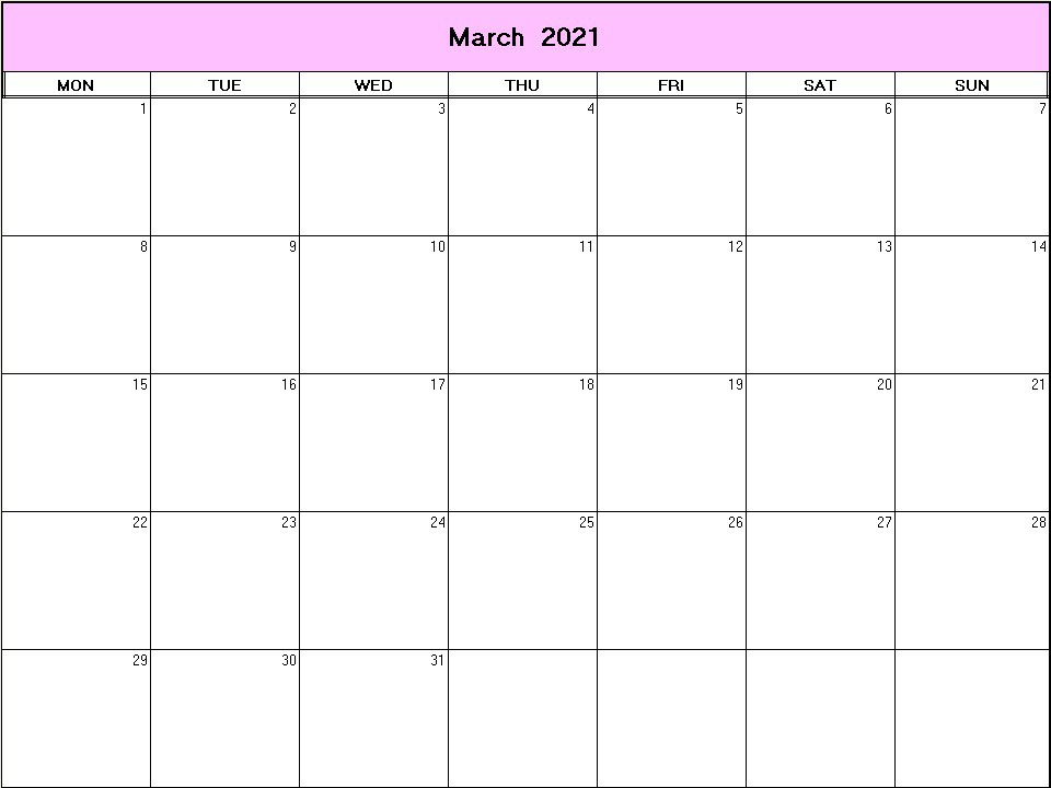 printable blank calendar image for March 2021