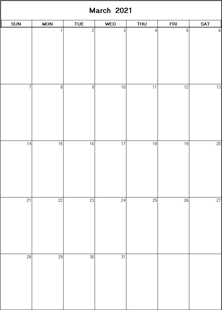 printable blank calendar image for March 2021